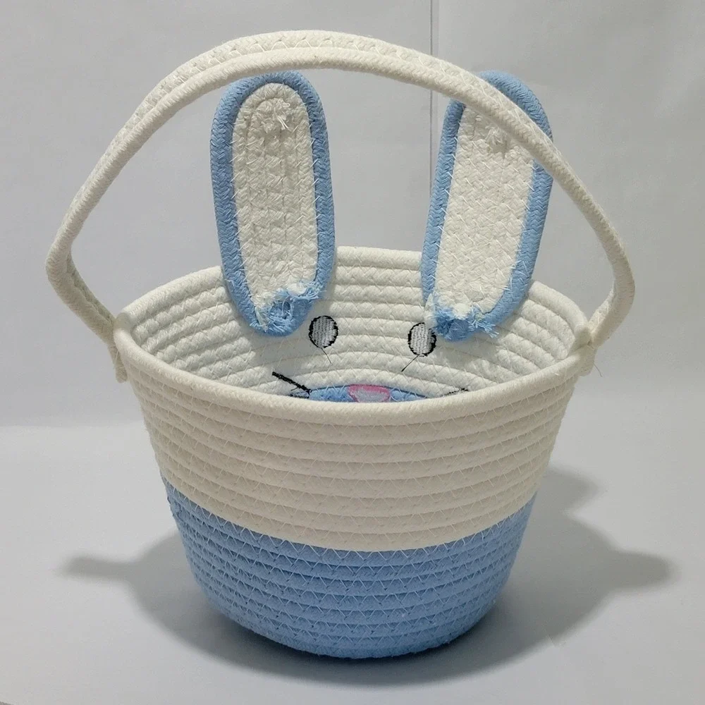 Blue and White Bunny Easter Basket Woven Cotton Rope Rabbit Pail with Ears